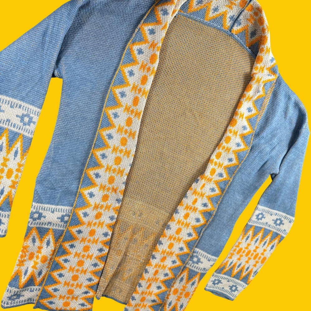 LA Chargers‎ Cardigan Women L Blue Orange Aztec Geometric Knit Open Front Boho